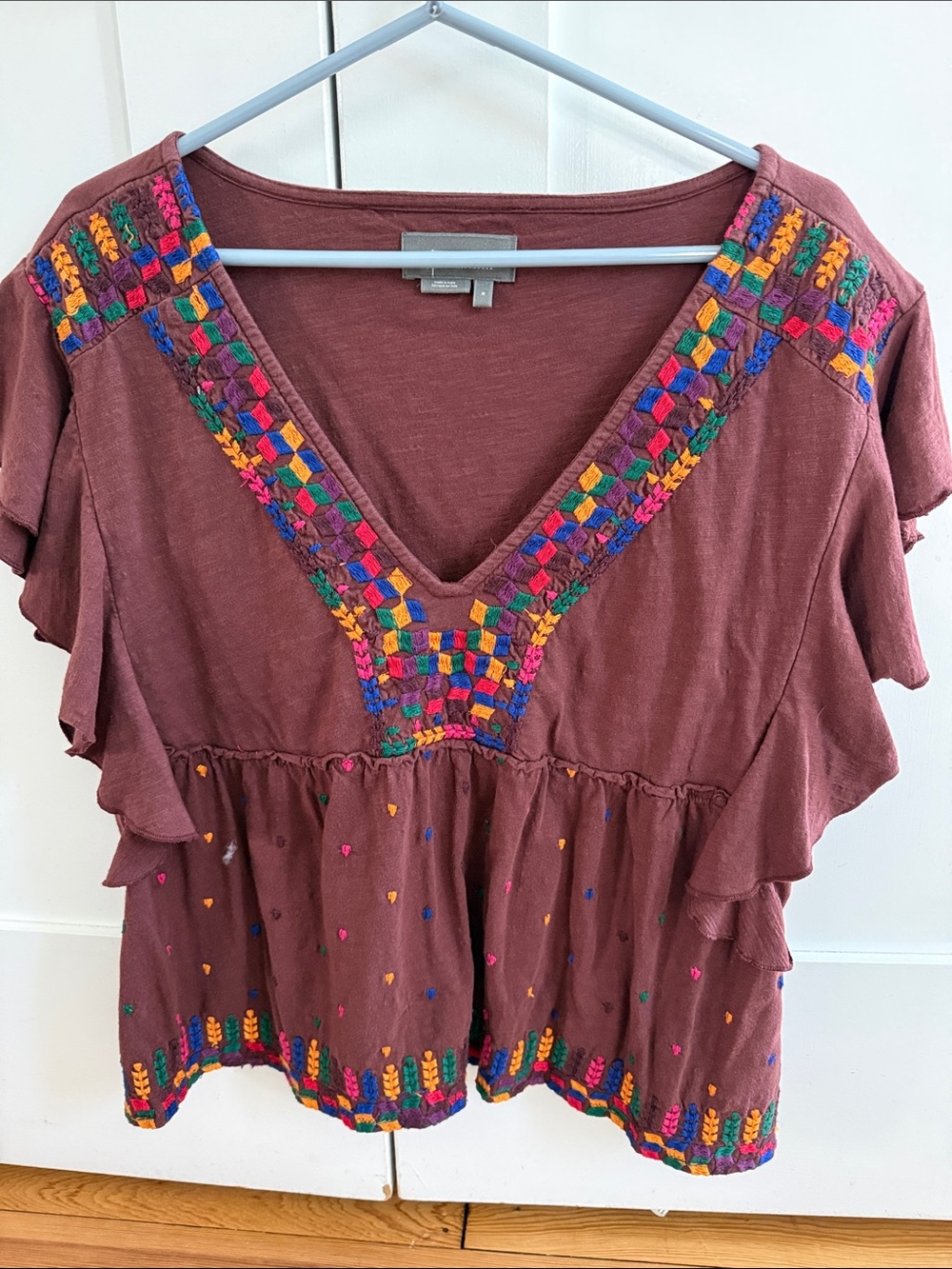 Anthropologie Mauve Peplum Top with Multicolor Embroidery, cotton